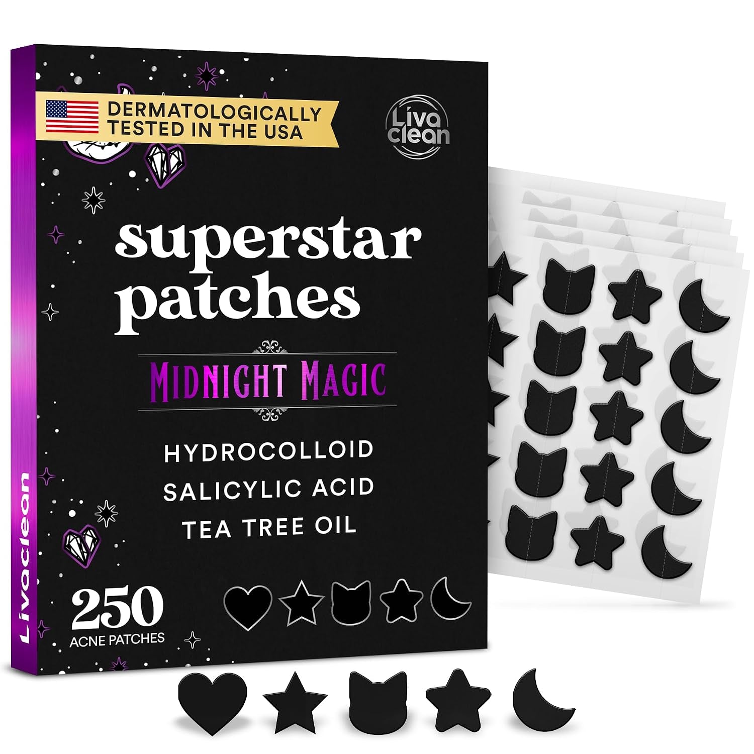 250CT Black Star Pimple Patches for Face - Hello Kitty Pimple Patches Black W/Salicylic Acid & Tea Tree Oil - HSA/FSA Compliant Hydrocolloid Acne Patch, Cute Blemish Patches, Zit Patch