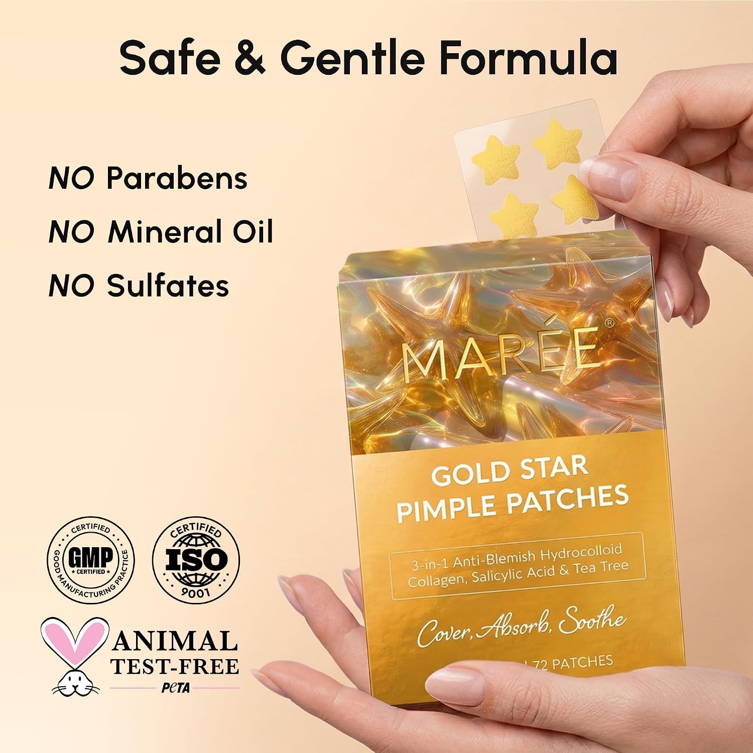 Gold Star Pimple Patches for Face - Acne Patches Stars with Salicylic Acid - Cute Hydrocolloid Pinple Patch for Kids, Teens, Adults Large Zit Stickers 72 Count (Pack of 1)
